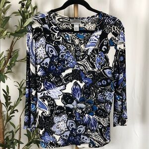 Chico's Black, White & Blue Paisley Floral V-Neck 3/4 Sleeve Top Sz 1 (M) (T5)